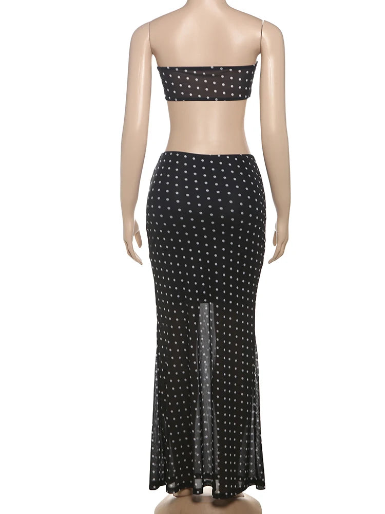 Speckled Print 2 Piece Set Sexy Women Seashell Knot Tank Top+See Through Long Skirts Matching Midnight Clubwear Suits
