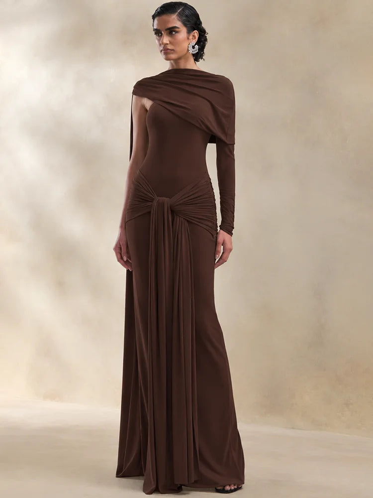 Women Asymmetrical Draped One Shoulder Maxi Dress Long Sleeve Waist Ruched High Split Bodycon Club Party Party Dress