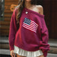 Off Shoulder American Flag Knit Sweater for Women Long Sleeve Oversized Fit Casual Streetwear Pullover for Fall Winter