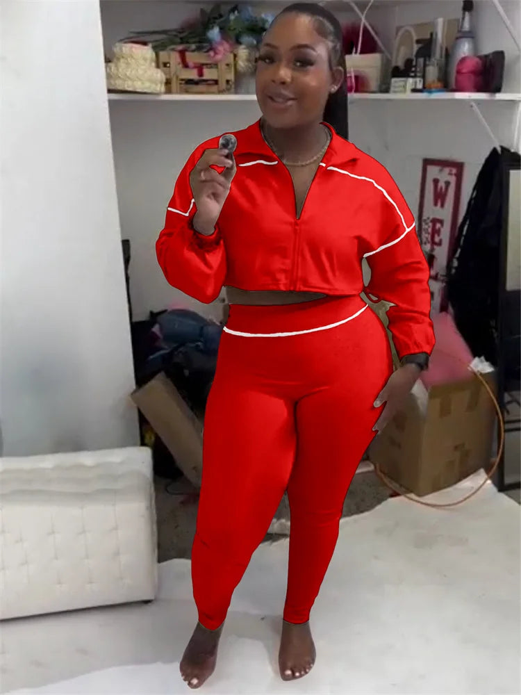 Patchwork 2 Piece Set Women Tracksuit Zip Shirring Hem Crop Jacket+Elastic Leggings Casual Daily Street Sporty Suits