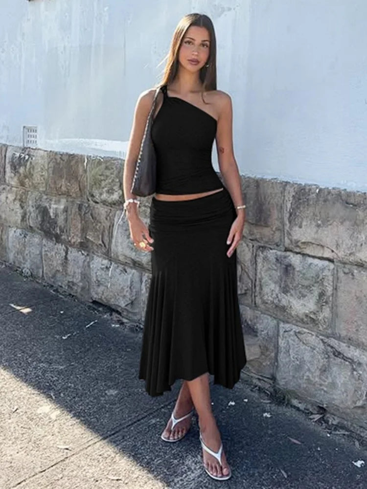 One Shoulder Crop Top and Pleated Skirt 2 Piece Set Summer Outfit Woman 2025 Elegant Long Dresses