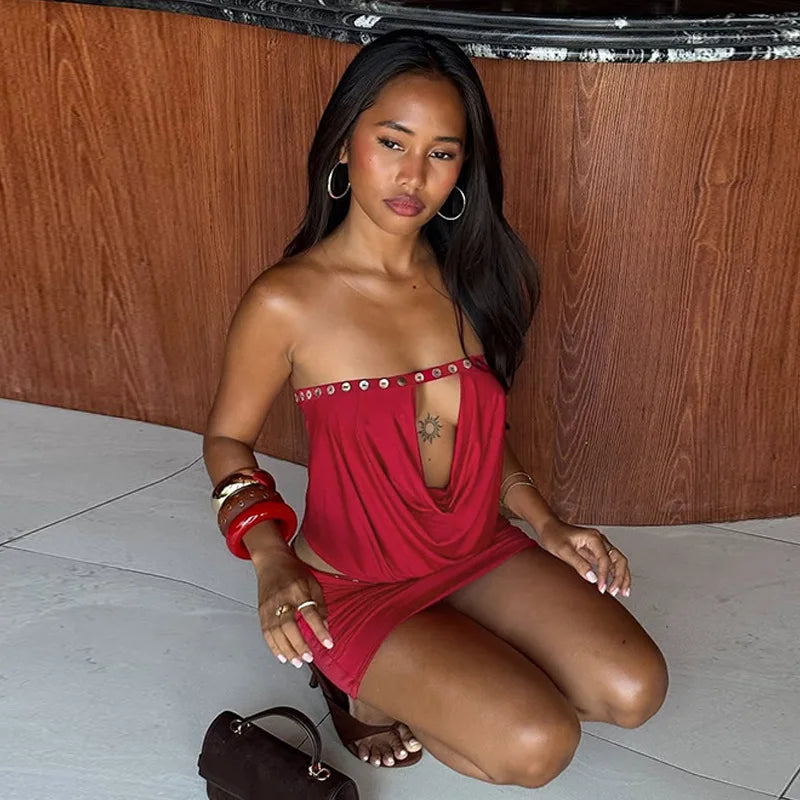 Sexy Two Piece Set Button Hollow Tube Top and Mini Skirt Summer 2026 New Arrivals Woman Sexy Outfits