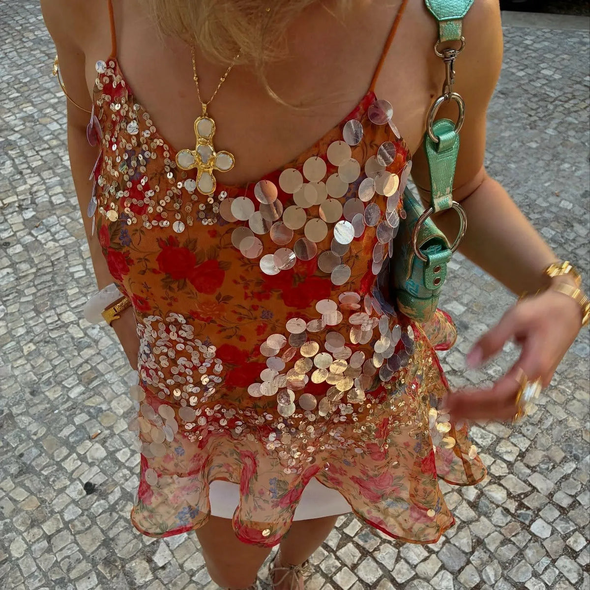 Luxury Sequined Camisole Tops Women Summer Vintage Floral Print Spaghetti Strap V-Neck Mesh Tank Tops Y2K Streetwear