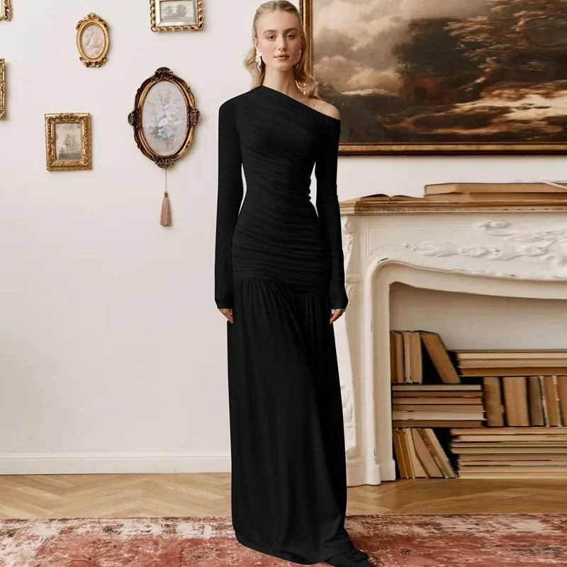 Off The Shoulder Long Sleeve Dresses Elegant Black Maxi Dress Fall Clothes Woman 2025