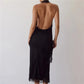 2 Piece Satin Halter Lace Trim Cowl Neck Backless Tops with Mid Length Slip Skirt Set For Women Party Cocktail Nightclub