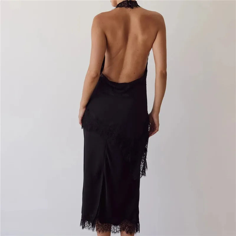 2 Piece Satin Halter Lace Trim Cowl Neck Backless Tops with Mid Length Slip Skirt Set For Women Party Cocktail Nightclub
