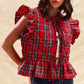Christmas Party Red Tartan Quilted Vest Women Ruffle Flutter Sleeveless Back Tie Peplum Crop Gilet Holiday Waistcoat