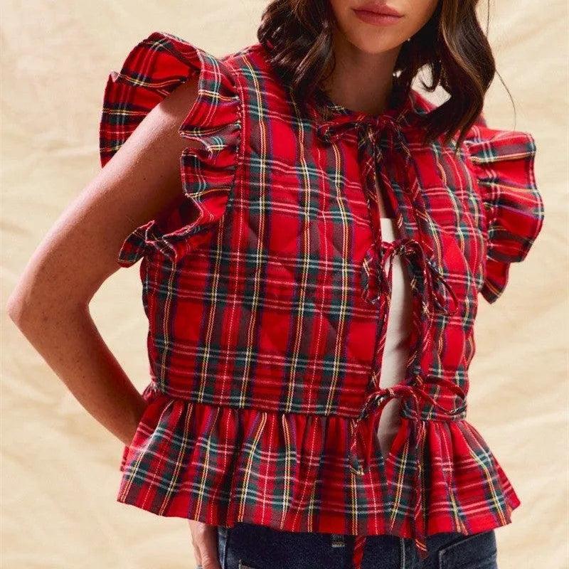 Christmas Party Red Tartan Quilted Vest Women Ruffle Flutter Sleeveless Back Tie Peplum Crop Gilet Holiday Waistcoat