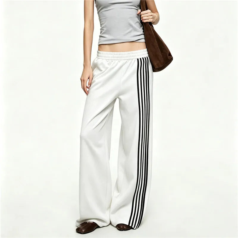 Y2K Women Side Striped Wide Leg Sweatpants Elastic Waist Loose Floor‑Length Sport Trousers Streetwear Casual Pants