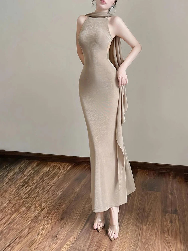 Elegant Basic 2 Piece Set Women Autumn Backless Bandages Skinny Sleeveless Dress+Shawl Birthday Party Fashion Suit