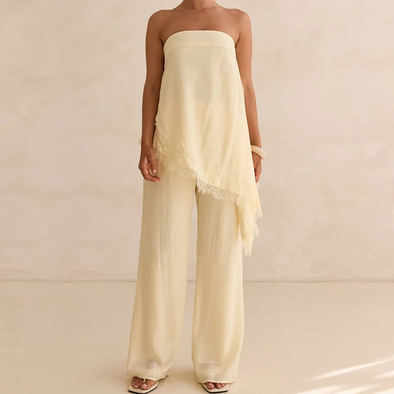 Lace Trim Strapless Bandeau Top+High Waist Wide Leg Pants Two Piece Set Elegant Casual Outfit For Women Y2K Streetwear