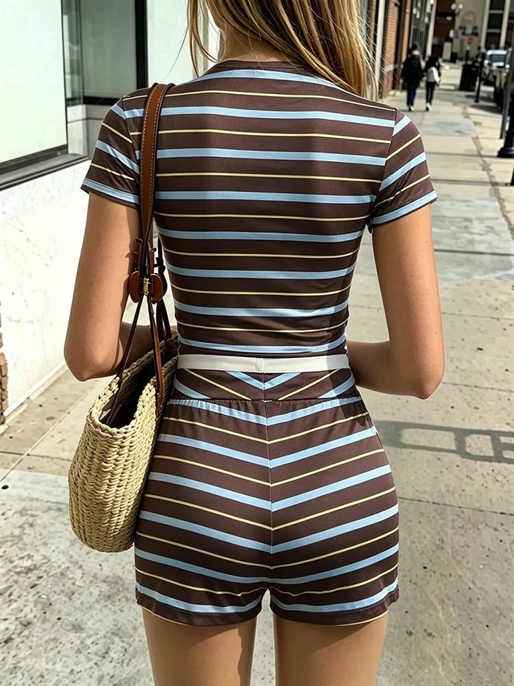 Striped Print 2 Piece Set Women Casuals Trend Zip O-Neck Short Sleeve T-Shirt+Bike Short Fashion Sporty Street Suits
