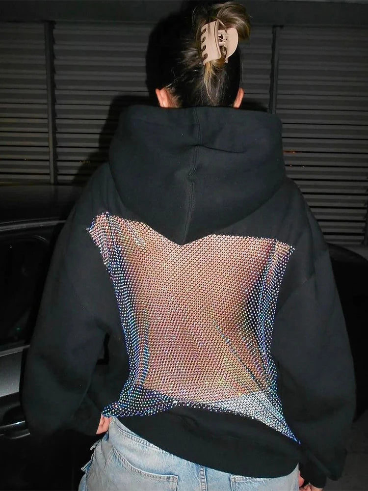 Harajuku Hooded Sweatshirt Women Autumn Trend Backless Glitter Mesh Patchwork Casual Streetwear Hipster Pulloverr