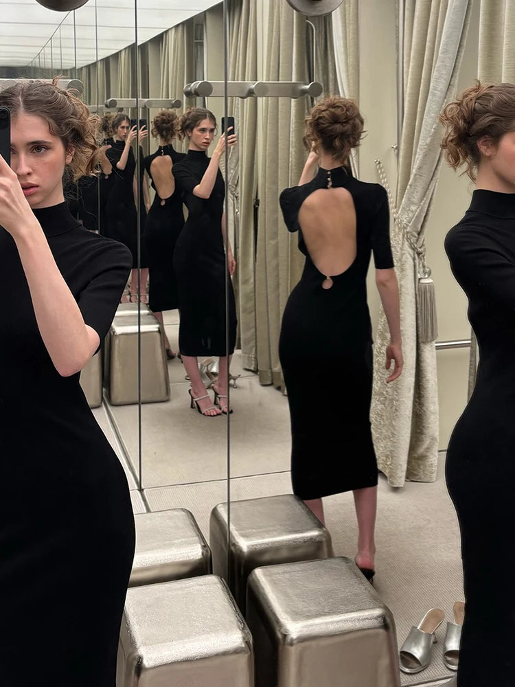 Sexy Backless Long Dress Woman Summer Trend Turtleneck Short Sleeve High Waist Skinny Stretch Prom Elegant Vestidos