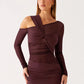 Inclined Shoulder Long Sleeve Sexy Mini Dress Women Fashion Mesh See Through Backless Ruched Club Party Dresses Female