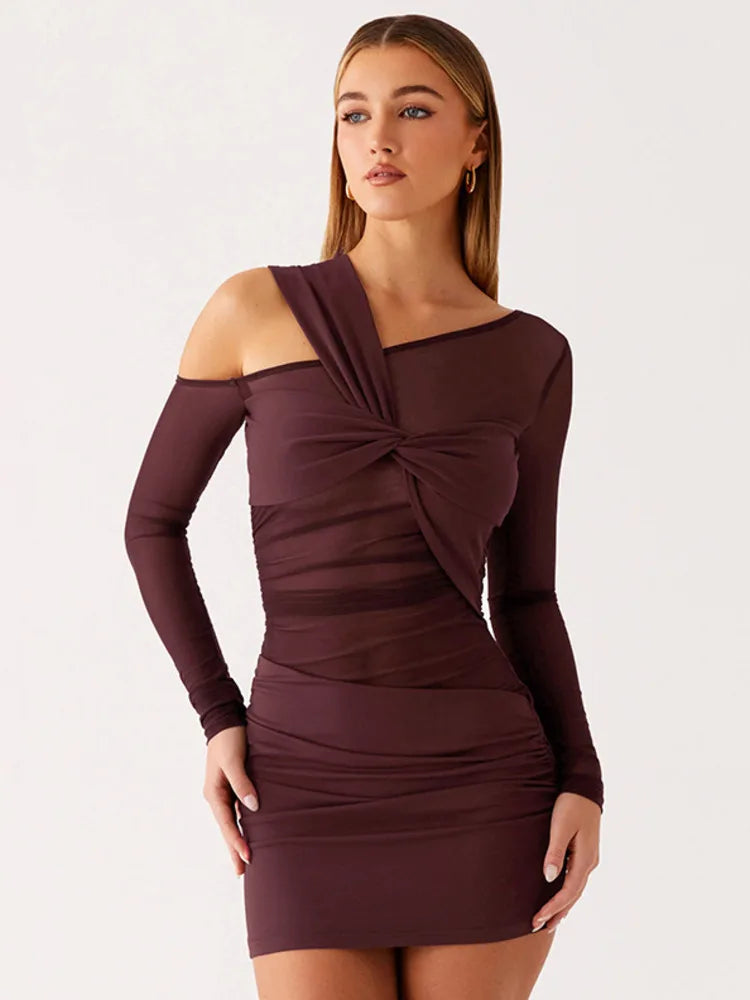 Inclined Shoulder Long Sleeve Sexy Mini Dress Women Fashion Mesh See Through Backless Ruched Club Party Dresses Female