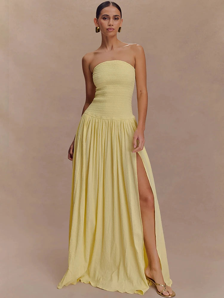Off-shoulder Strapless Sexy Maxi Dress Women Elegant Sleeveless Backless Thigh High Split Pleated Club Party Long Dress