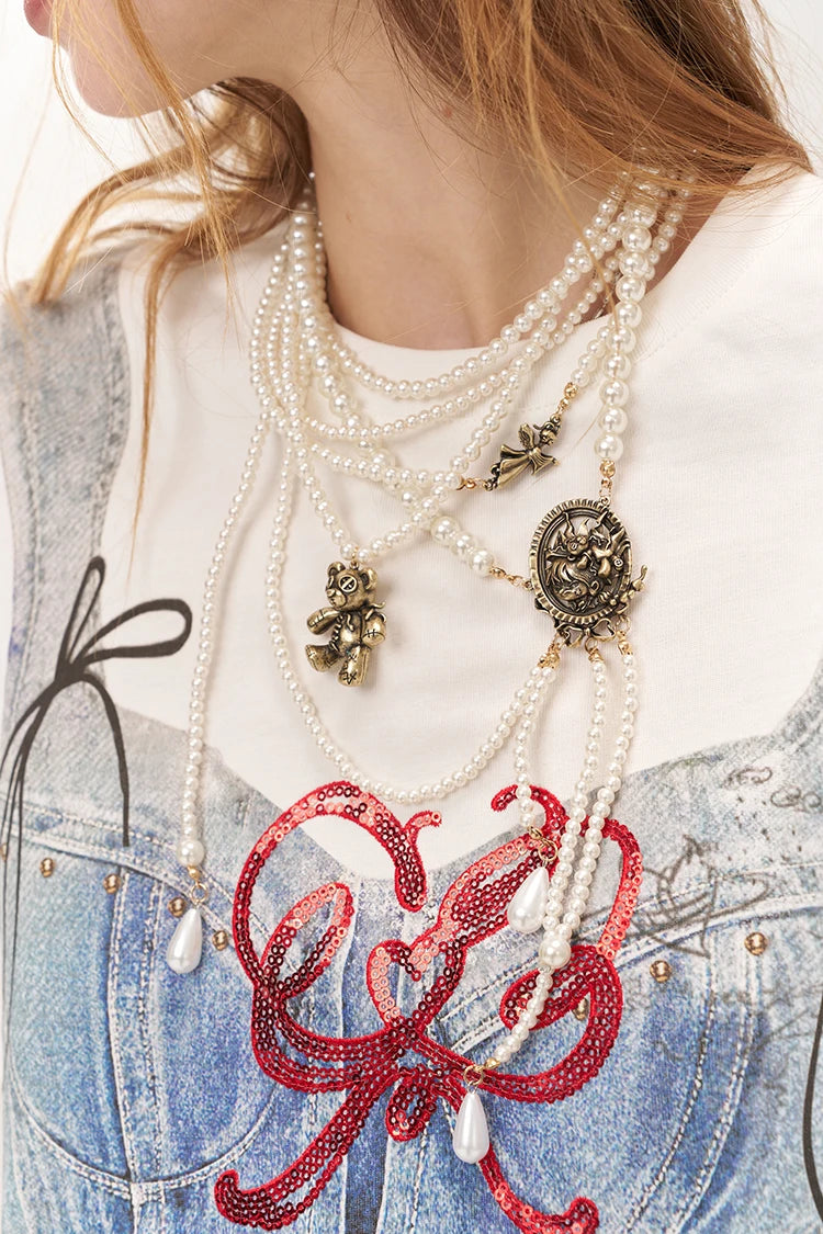 Vintage Gothic Asymmetric Brass Pendant Pearl Necklace Versatile Waist Chain For Women