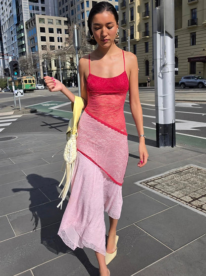 Women Color Block Lace Sexy Midi Dress Spaghetti Strap Sleeveless Asymmetrical Hanky Hem Party Beach Vacation Dresses