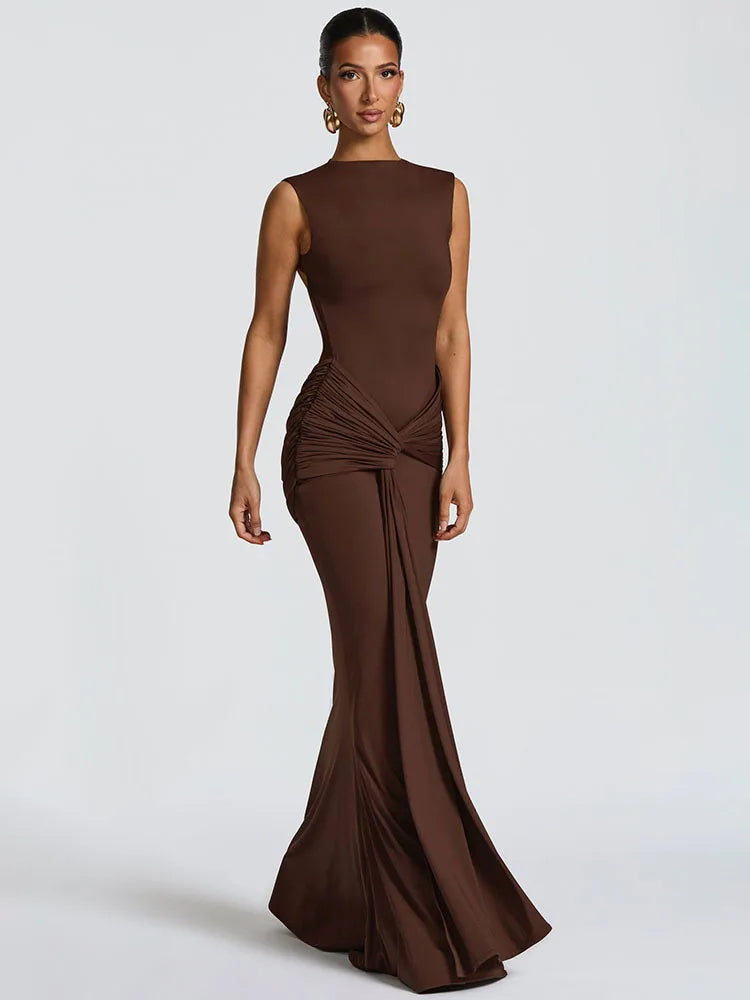 Backless Draped Ruched Sexy Maxi Dress Women Gown Elegant O Neck Sleeveless High Waist Skinny Club Party Long Dresses
