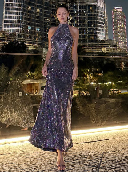 Halter Off Shoulder Long Dresses Woman Shiny Elegant Backless Robe Gown Midnight Cocktail Party Hipster Skinny Vestidos