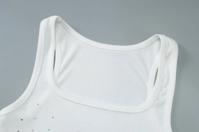 Rhinestone Crop Tops Black White Ribbed Square Neck Bodycon Tank Top Sexy Woman Clothing Summer