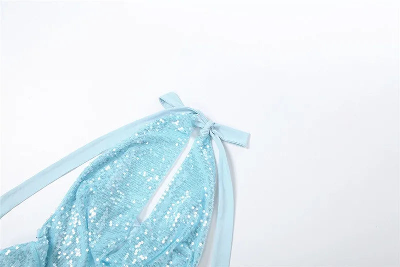 Blue Sequined Glitter Party Dresses for Woman Elegant Cowl Neck Open Back Long Wedding Guest Dress