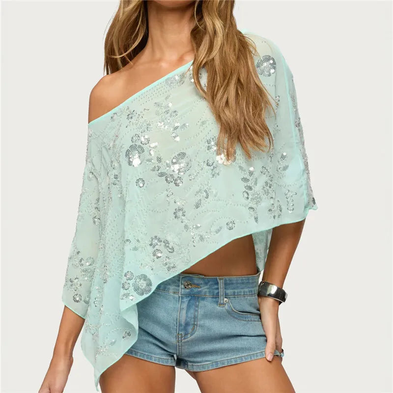 Y2K Sequin Floral One Shoulder Asymmetric Sheer Poncho Top for Women Flowy Batwing Sleeve Semi Sheer Cover Up Shawl Wrap