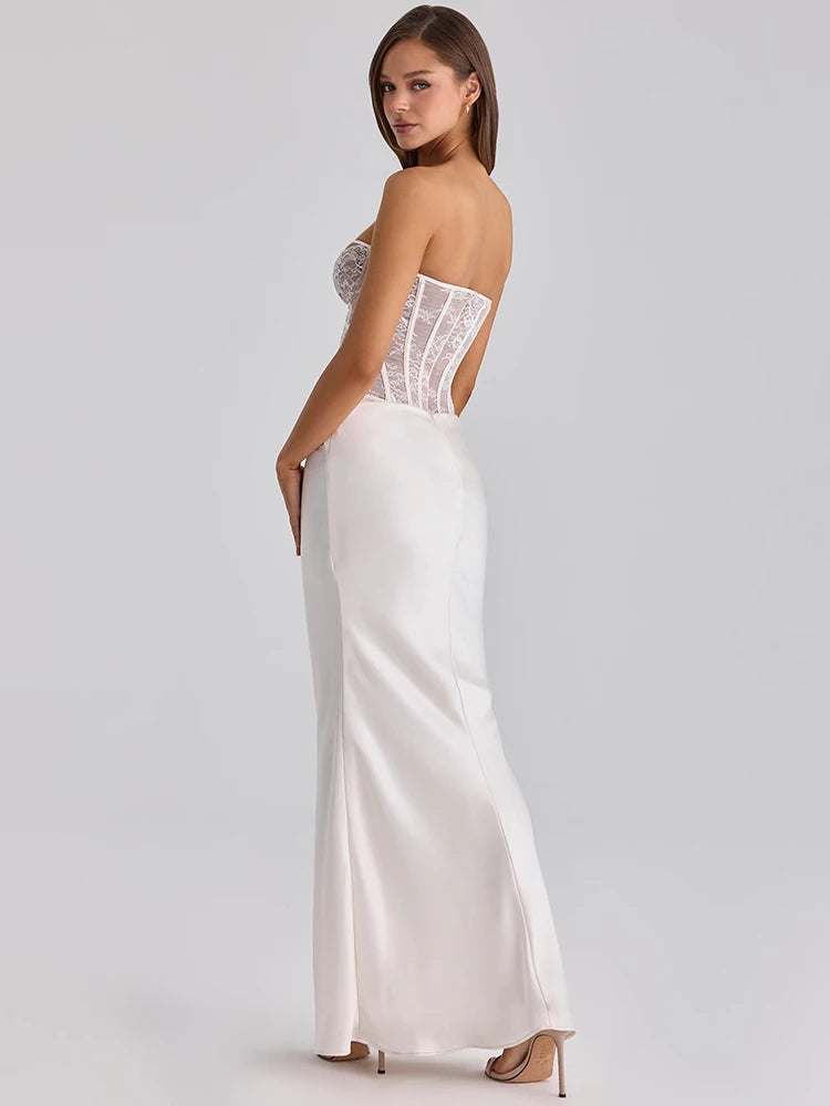 White Lace Corset Satin Sexy Maxi Dress Women Elegant Strapless Sleeveless Backless Bodycon Club Party Long Dresses