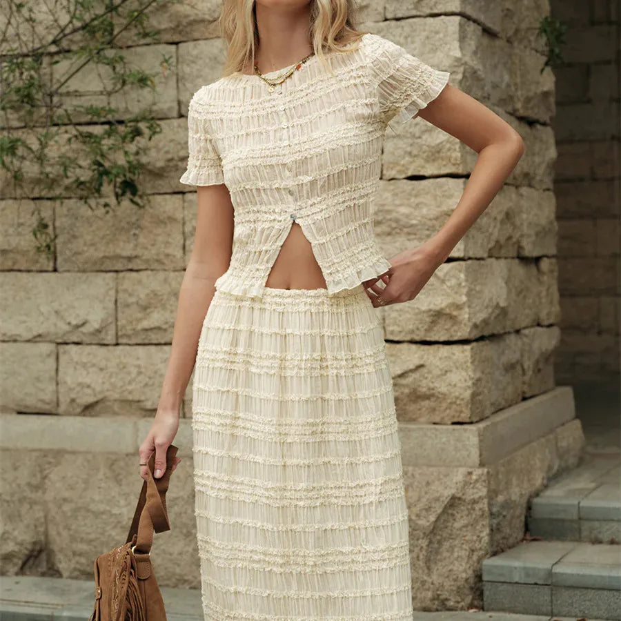 Flowy Two Piece Matching Skirt Sets for Women Clothing Short Sleeve Button Up Top Ruched Maxi Skirt Summer Beachwear