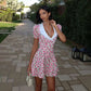 Floral Summer Dress Puff Sleeve V Neck Short Dresses Elegant Woman Clothing