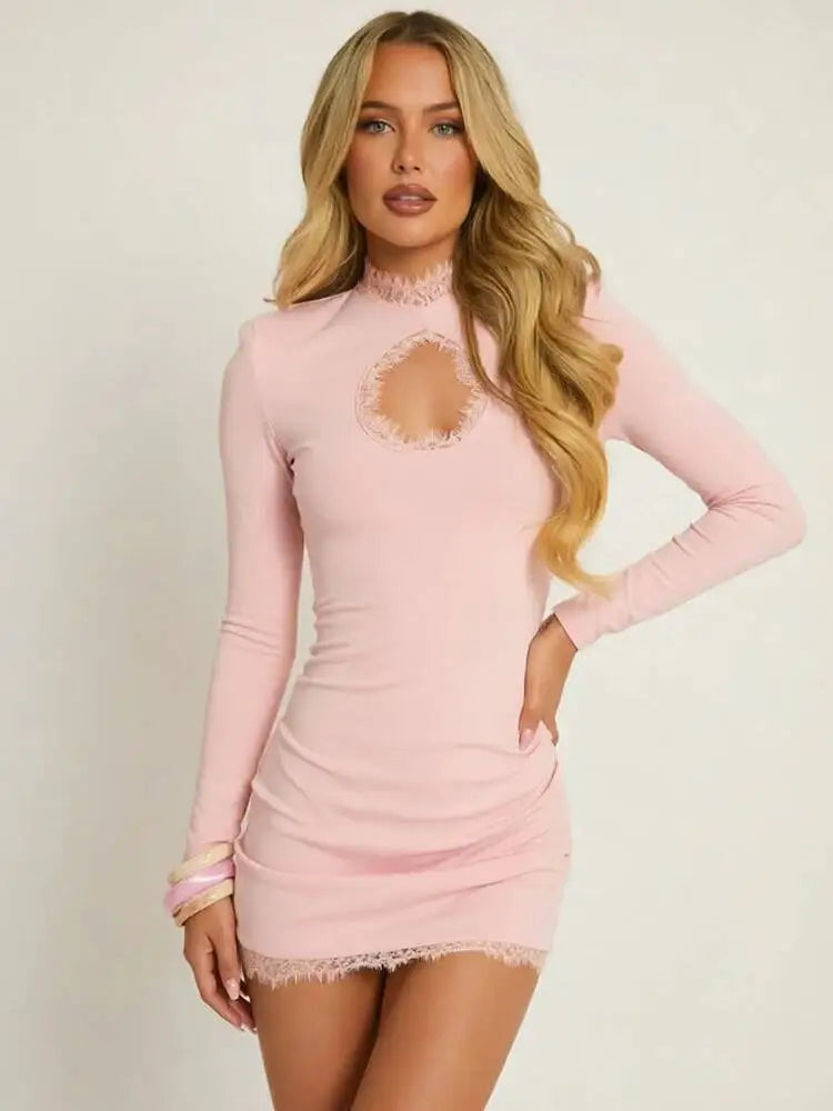 Women Polka Dot Sexy Mini Dress Lace Trim High Neck Cutout Long Sleeve Bodycon Short Dress Club Party Night Out Dresses