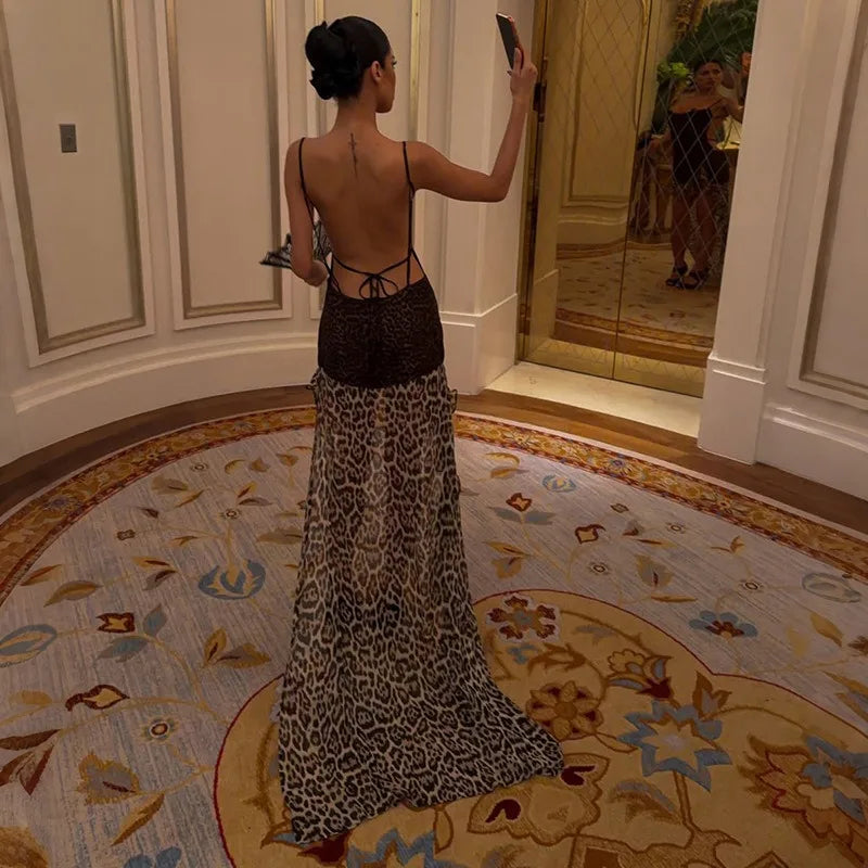 Leopard Print Elegant Party Dresses Sexy Open Back Sheer Ruffled Mesh Maxi Dress Fashion 2026 Woman