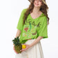 Women's V Neck Short Sleeve Tee with Hand Drawn Vegetable Print, Irregular Hem Loose T-shirt for Daily, Casual Soft Knit