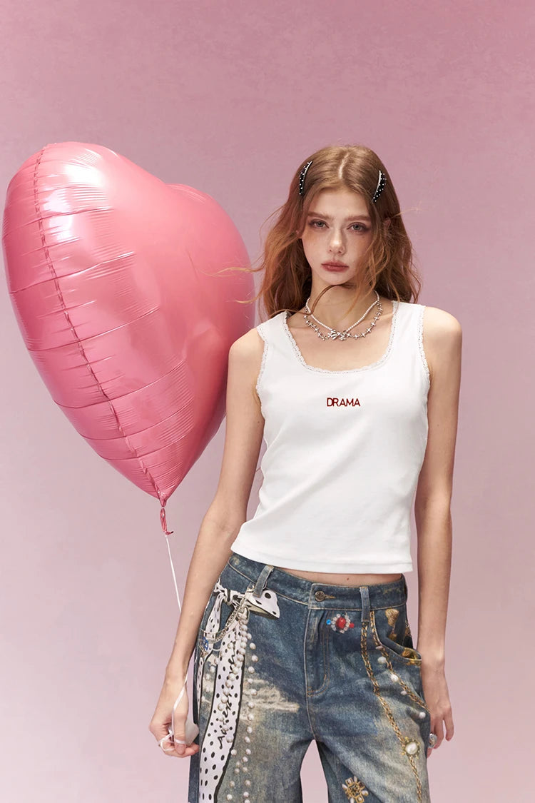 Minimalist Versatile Lace Trim Letter Print Camisole For Women
