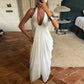 V Neck Backless Sleeveless Pleated Long Maxi Dress Sexy Mesh White Dresses for Woman Party Wedding