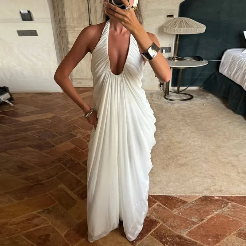 V Neck Backless Sleeveless Pleated Long Maxi Dress Sexy Mesh White Dresses for Woman Party Wedding