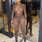 Leopard Print Sexy Mesh 2 Piece Set Women Turtleneck Full Sleeve Bodysuit+Skinny Peach Hip Long Pants Wild Style Suit