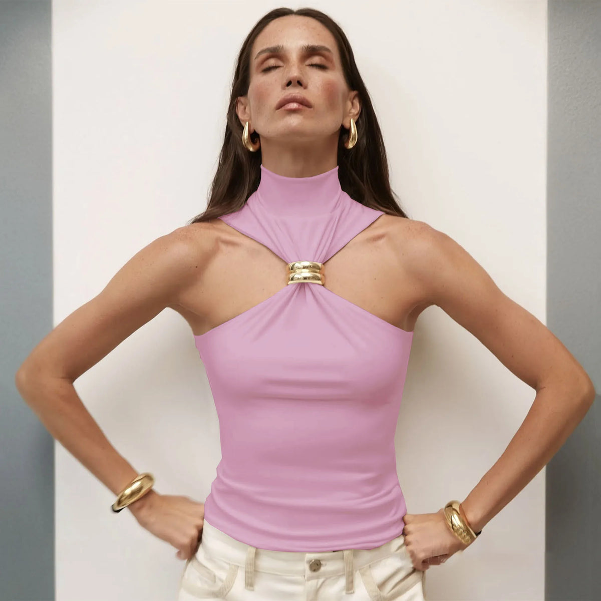 Turtleneck Basic Knit Tank Tops Women Vest Pullovers Metal Ring Camisole Sleeveless Skinny Knitted Tops Y2K Cropped Top