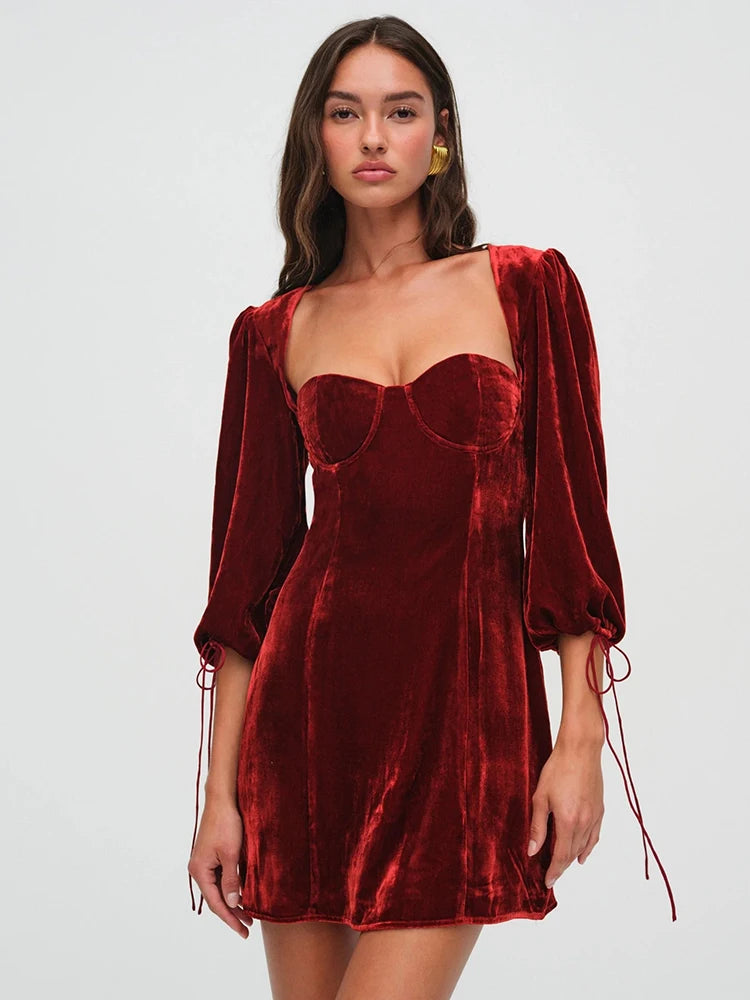 Velvet Backless Sexy Mini Dress For Women Elegant Autumn Winter New Square Collar Half Sleeve Bodycon Club Party Dress