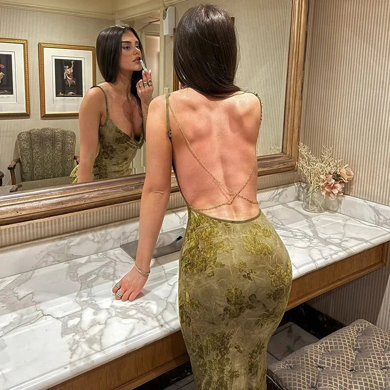 Chain Sleeveless Backless Maxi Dress Women' S Clothes Sexy Green Floral Party Dresses Summer 2026