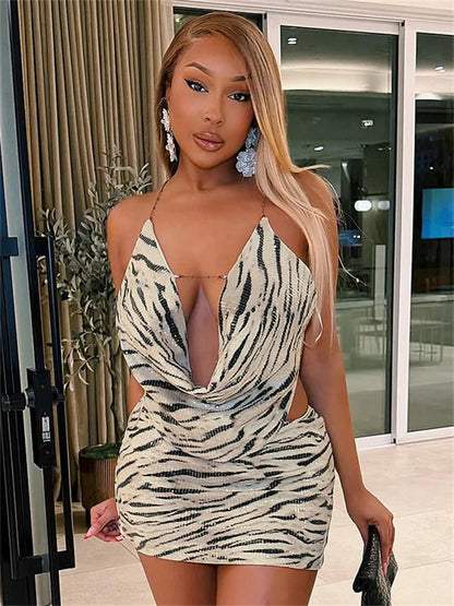 Sequins Patchwork 2 Piece Set Woman Zebra Stripes Swing Collar Backless Tank Tops+Mini Skirts Street Wild Style Suits