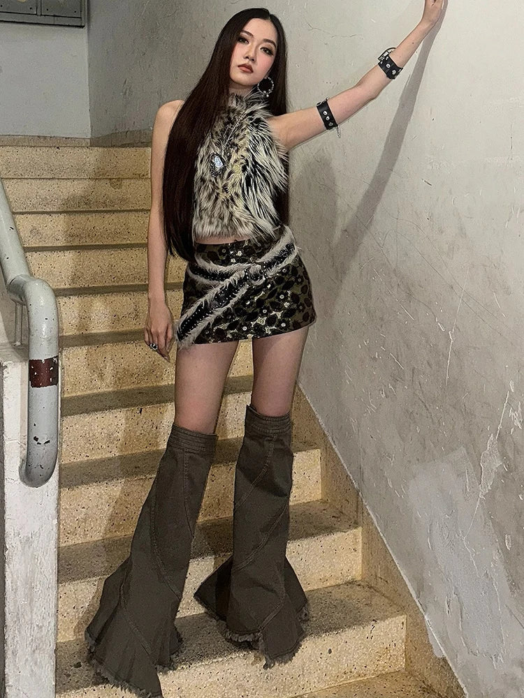 Hottie Leopard Tassel Tank Tops Women Sexy Furry Patchwork Halter Sleeveless Stretch Coquette Midnight Party Clubwear