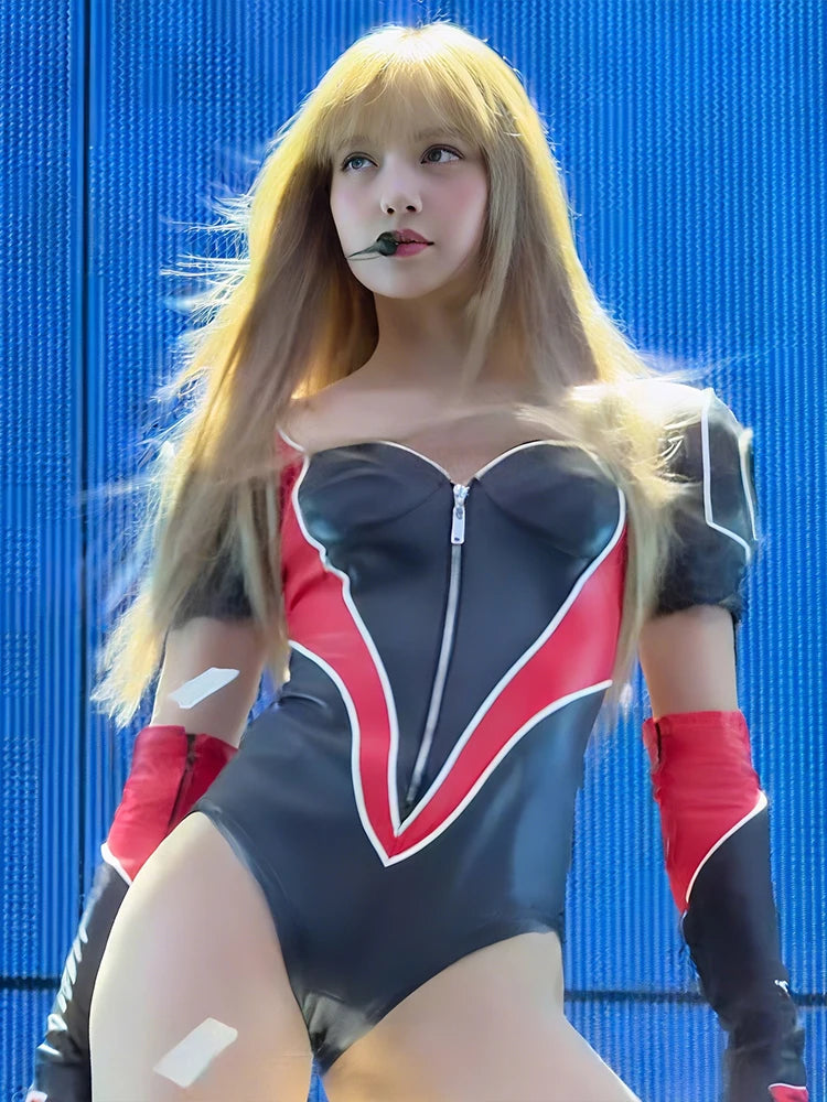 Patchwork Hipster 2Piece Women Faux Leather Long Gloves+Low-Neck Zip Skinny Bodysuits Sexy Music Festival Streetwear