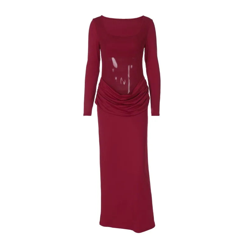 Mesh Splicing Long Sleeve Dresses for Woman Clothing Fall Sexy Party Maxi Dress Wedding Guest
