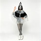 Circus Pierrot Clown Costume Women Short Cape Top Tulle Trim Pom Pom Decor Halloween Themed Cosplay Fancy Dress Outfit