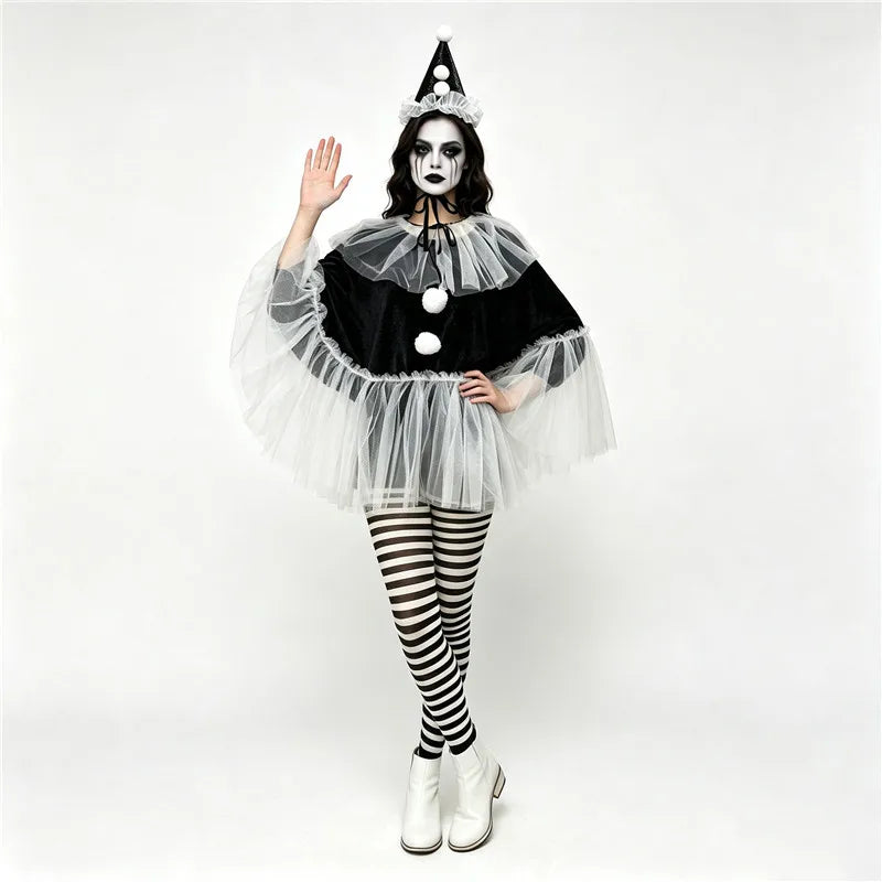 Circus Pierrot Clown Costume Women Short Cape Top Tulle Trim Pom Pom Decor Halloween Themed Cosplay Fancy Dress Outfit