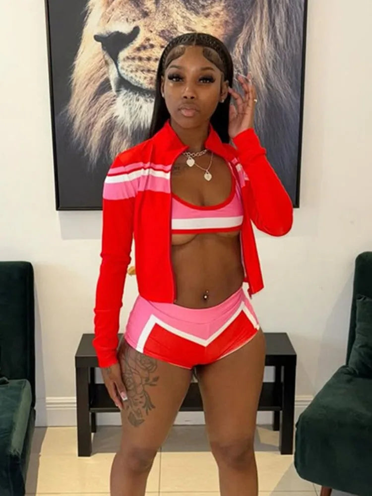 Fashion Patchwork 3 Piece Set Women Cardigan Full Sleeve Jacket+Crop Tops+Skinny Shorts Hot Girls Sexy Bikini Sets