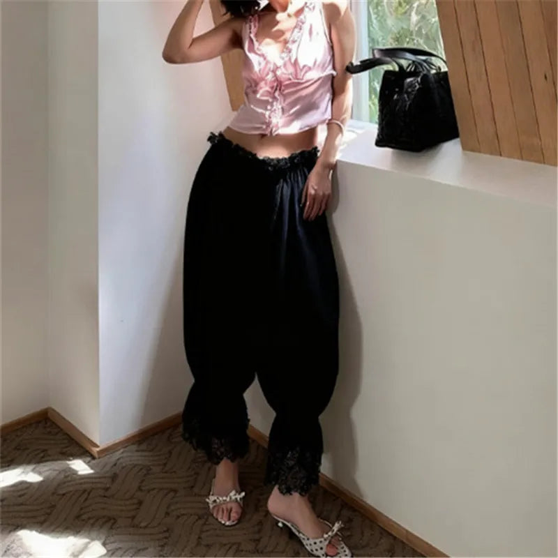Solid Elastic Mid Rise Ruffle Pantaloons Cropped Flared Slips Pants Pajama Bottoms Women Y2K Lace Trim Hem Long Bloomers