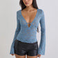 Women's Elegant Lace Long Sleeve Tops Shirt Solid Color Deep V Neck Slim Fit Blouse Tee Y2K Floral Sheer Mesh Shirts